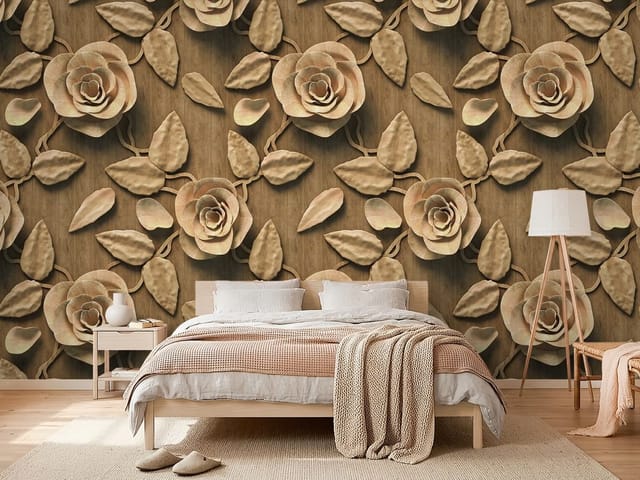 Fototapeta 3D kwiaty – drewniane róże i liście