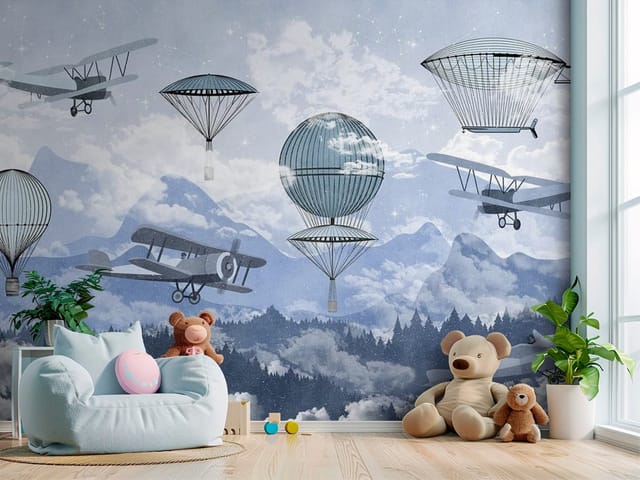 Fototapeta Góry dziecięce z balonami i samolotami (mpn: FT-5595) Fototapeta Góry dziecięce – balony i samoloty na niebie