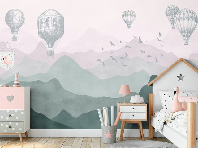 Fototapeta Balony nad Pastelowymi Górami (mpn: FT-5598) Fototapeta góry dziecięce – balony unoszące się nad górami