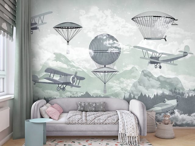 Fototapeta Balony i samoloty nad górami (mpn: FT-5606) Fototapeta Góry dziecięce – balony i samoloty unoszące się nad chmurami