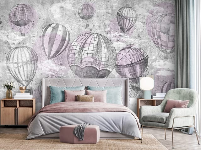 Fototapeta Balony na ogrzane powietrze w chmurach (mpn: FT-5667) Fototapeta Murale miejskie – balony na ogrzane powietrze