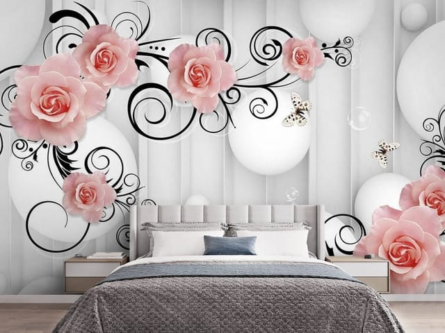 Fototapeta 3D kwiaty – różowe róże z ornamentami