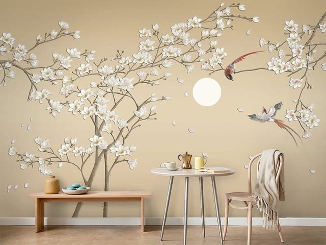 Fototapeta Gałęzie Magnolii i Księżyc (mpn: FT-5826) Fototapeta Sakura – gałęzie z kwiatami magnolii na tle księżyca