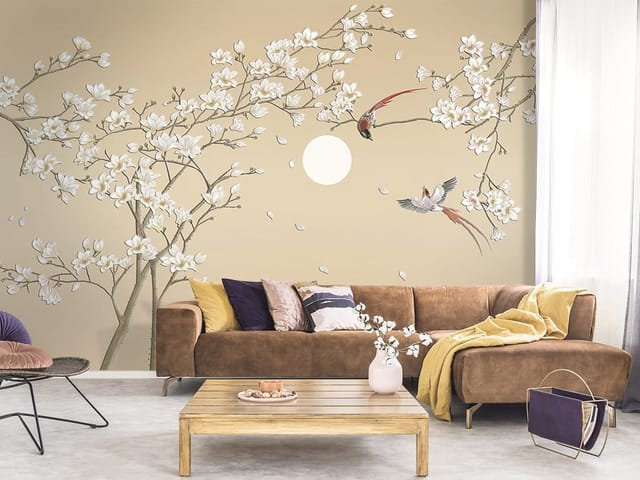 Fototapeta Gałęzie Magnolii i Księżyc (mpn: 5826) Fototapeta z gałęziami magnolii na tle księżyca i spadających płatków
