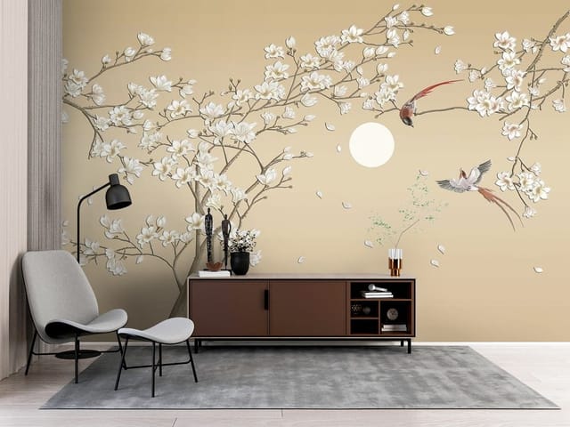 Fototapeta Gałęzie Magnolii i Księżyc (mpn: FT-5826) Fototapeta Sakura – gałęzie z kwiatami magnolii na tle księżyca