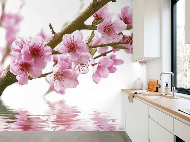 Fototapeta Sakura – gałąź z różowymi kwiatami nad wodą