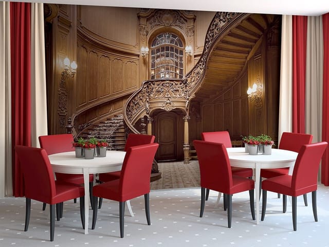 Fototapeta Eleganckie drewniane schody z balustradą (mpn: 5950) Fototapeta z ozdobnymi drewnianymi schodami i dużym oknem z łukiem
