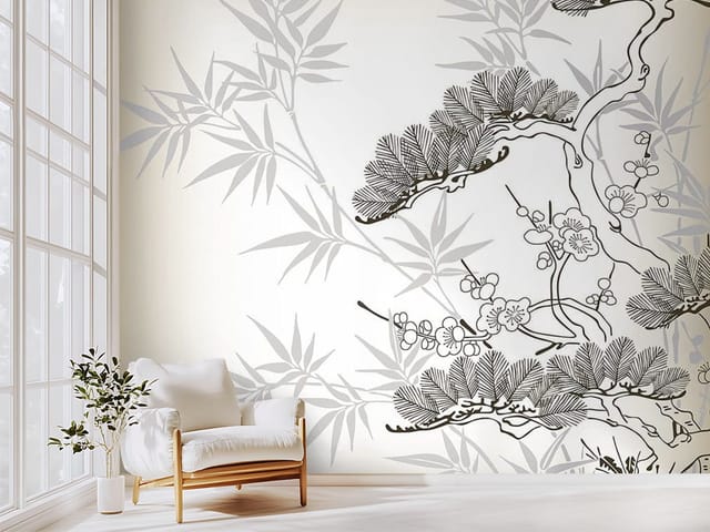 Fototapeta Bonsai z Kwiatami i Bambusem (mpn: FT-5969) Fototapeta drzewa – drzewo bonsai z kwiatami na jasnym tle