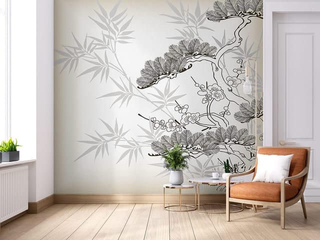 Fototapeta Bonsai z Kwiatami i Bambusem (mpn: FT-5969) Fototapeta drzewa – drzewo bonsai z kwiatami na jasnym tle