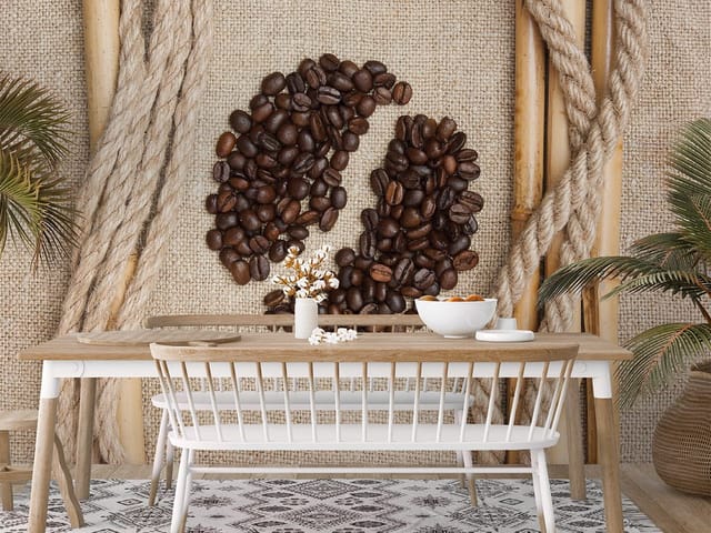 Fototapeta z ziarnami kawy na tkaninie z linami i bambusem