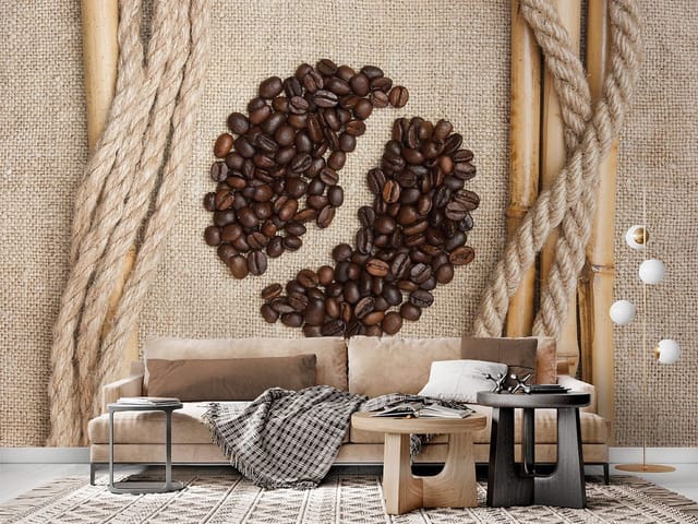 Fototapeta z ziarnami kawy na tkaninie z linami i bambusem