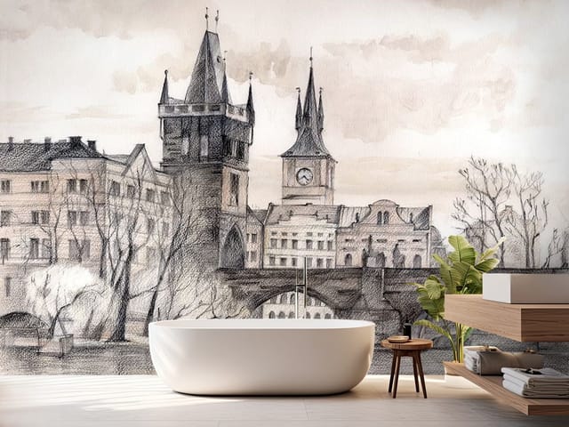 Fototapeta Ilustracje miast z kamiennym mostem i wieżą z zegarem