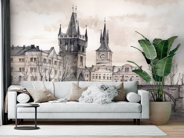 Fototapeta Most i wieża nad rzeką (mpn: FT-6022) Fototapeta Ilustracje miast z kamiennym mostem i wieżą z zegarem