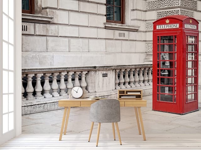 Fototapeta z czerwoną budką telefoniczną i ulicą Londynu