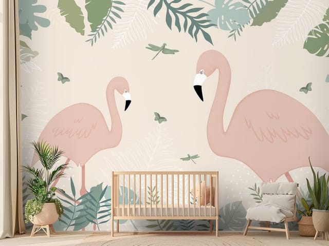 Fototapeta Flamingi – dwa różowe flamingi otoczone liśćmi
