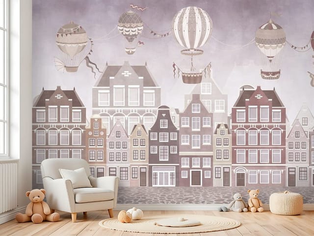 Fototapeta Ilustracje miast – kamienice i balony na ogrzane powietrze