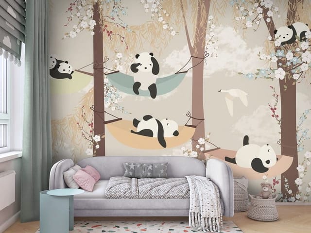 Fototapeta Zwierzęta dziecięce – pandy w hamakach na drzewach