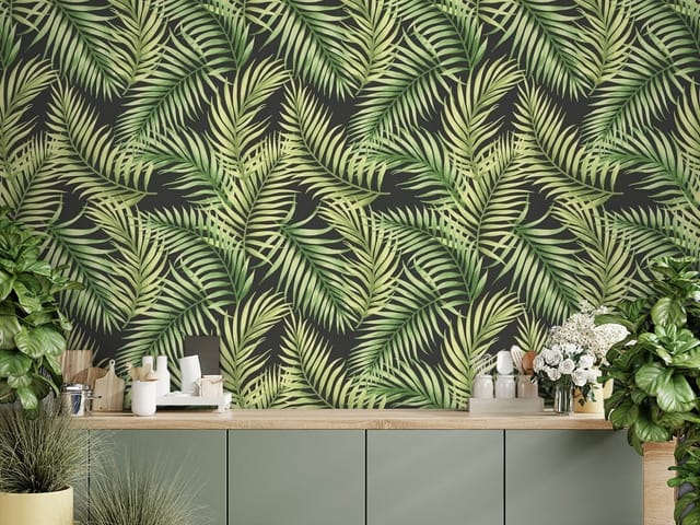 Fototapeta Liście – zielone liście palmowe na ciemnym tle