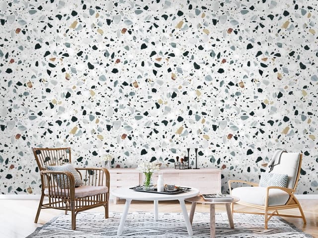 Fototapeta Terrazzo na białym tle (mpn: FT-6186) Fototapeta lastryko – wzór terrazzo z różnokolorowymi kamieniami