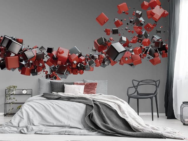 Fototapeta Czerwone i czarne sześciany 3D (kod: 6228) Fototapeta z unoszącymi się czerwonymi i czarnymi sześcianami na szarym tle