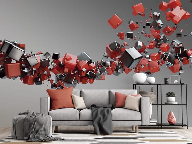 Fototapeta Czerwone i czarne sześciany 3D (kod: 6228) Fototapeta z unoszącymi się czerwonymi i czarnymi sześcianami na szarym tle