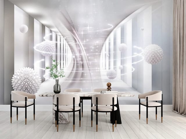 Fototapeta 3D tunel – biały futurystyczny korytarz z kulami