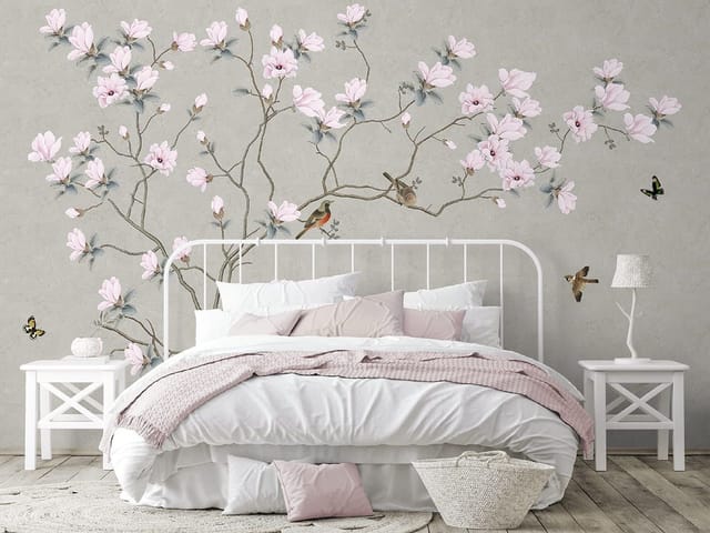 Fototapeta Gałąź magnolii z kwiatami (mpn: FT-6294) Fototapeta Magnolie – gałąź magnolii z delikatnymi różowymi kwiatami na jasnym, szarym tle
