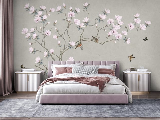 Fototapeta Gałąź magnolii z kwiatami (mpn: FT-6294) Fototapeta Magnolie – gałąź magnolii z delikatnymi różowymi kwiatami na jasnym, szarym tle