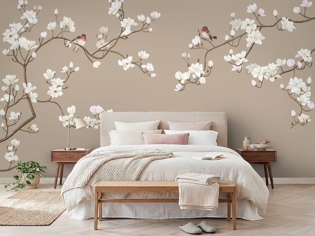 Fototapeta Gałązki magnolii z ptakami (mpn: FT-6295) Fototapeta Magnolie – gałązki z białymi kwiatami magnolii