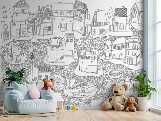 Fototapeta Ilustracje miast – małe miasteczko z różnorodnymi budynkami