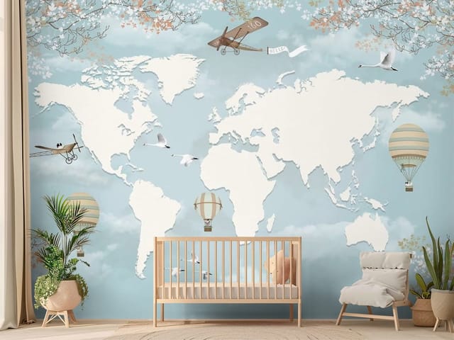 Fototapeta Mapa świata na tle nieba (mpn: FT-6425) Fototapeta Mapy dziecięce – mapa świata na tle nieba