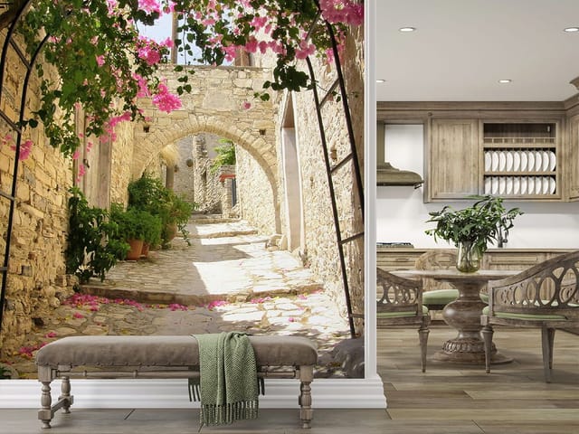 Fototapeta Uliczka z łukiem i kwiatami (kod: 6426) Fototapeta Uliczka z łukiem i kwiatami