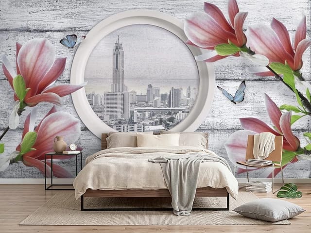 Fototapeta Magnolie z panoramą miasta i drewnianym tłem