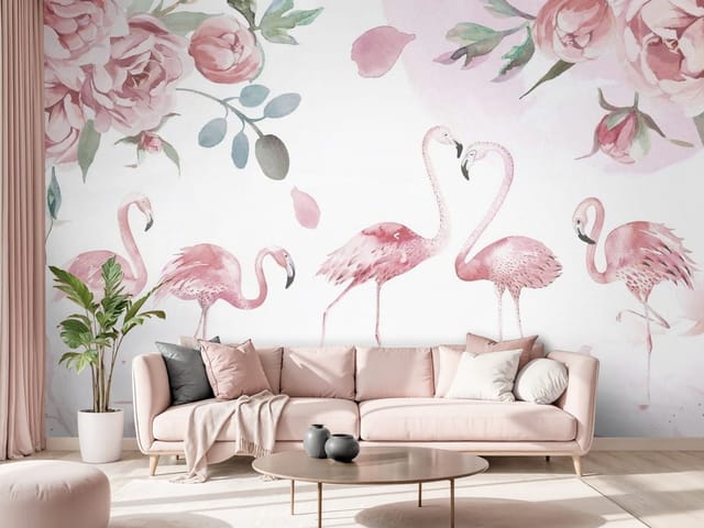Fototapeta Flamingi – grupa flamingów otoczonych różowymi kwiatami