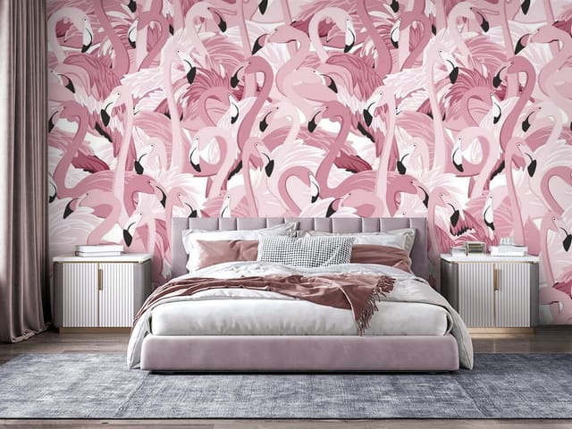 Fototapeta Flamingi – grupa różowych flamingów z zakrzywionymi szyjami