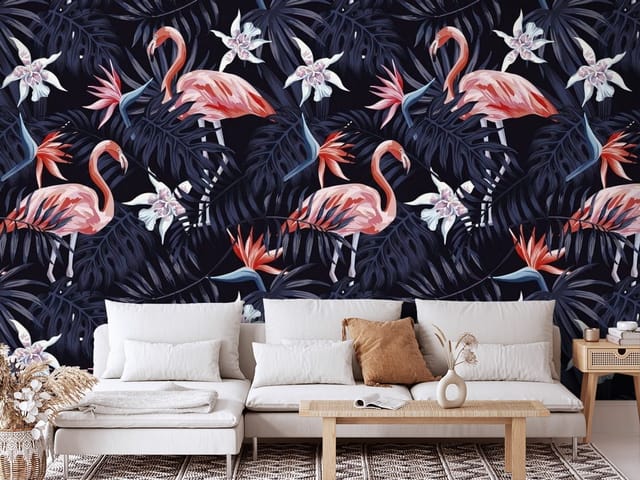 Fototapeta Flamingi – flamingi wśród tropikalnych liści i kwiatów
