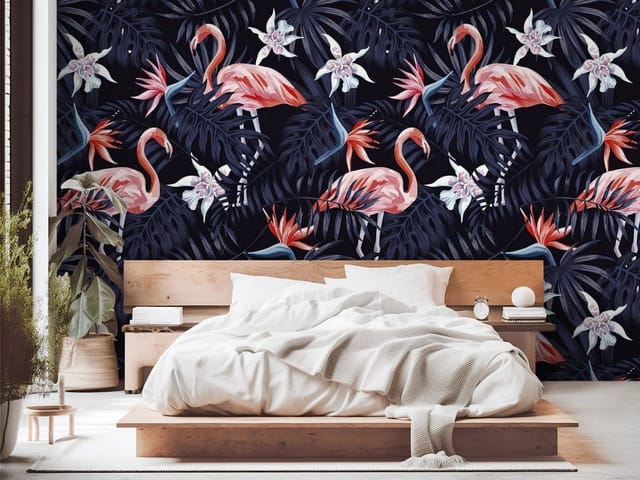 Fototapeta Flamingi w tropikalnych liściach (mpn: FT-6470) Fototapeta Flamingi – flamingi wśród tropikalnych liści i kwiatów