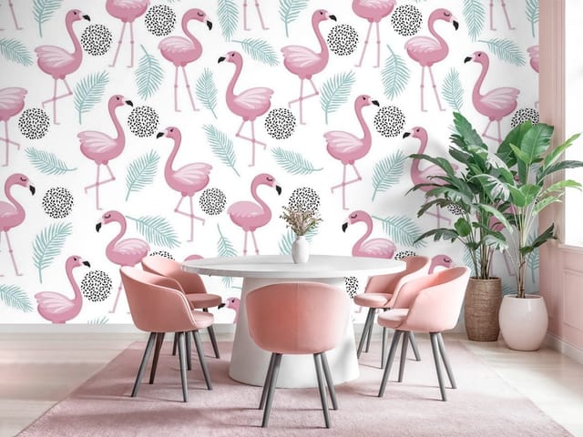 Fototapeta Różowe flamingi i liście palmowe (mpn: FT-6478) Fototapeta Flamingi – różowe flamingi na białym tle