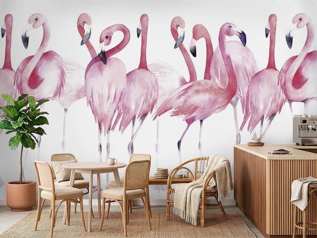 Fototapeta Flamingi – grupa różowych flamingów stojących na białym tle