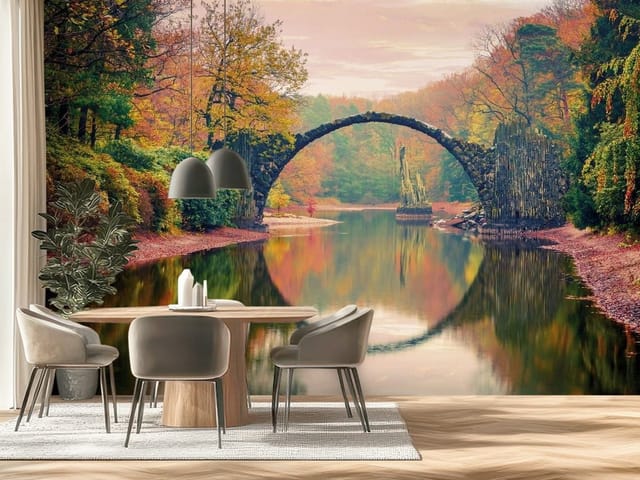 Fototapeta krajobrazy leśne – kamienny most nad spokojną wodą