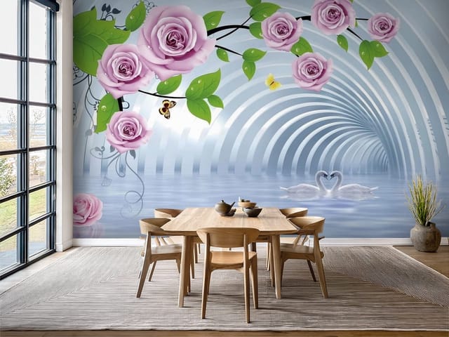 Fototapeta Różowe róże i łabędzie w tunelu (mpn: FT-6756) Fototapeta 3D tunel – różowe róże na gałęzi z zielonymi liśćmi