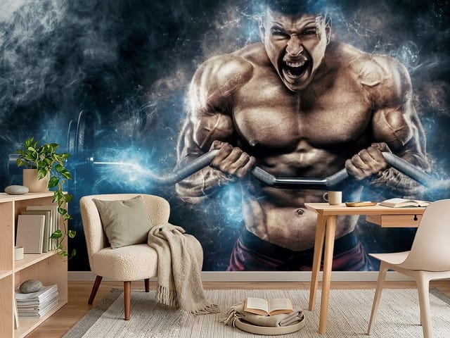 Fototapeta Muskularny mężczyzna z hantlami (mpn: FT-6763) Fototapeta siłownia – muskularny mężczyzna z hantlami