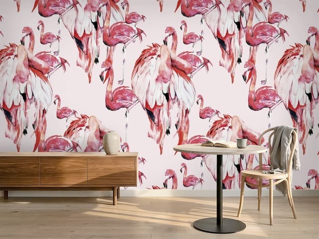 Fototapeta Flamingi – grupa różowych flamingów na jasnym tle