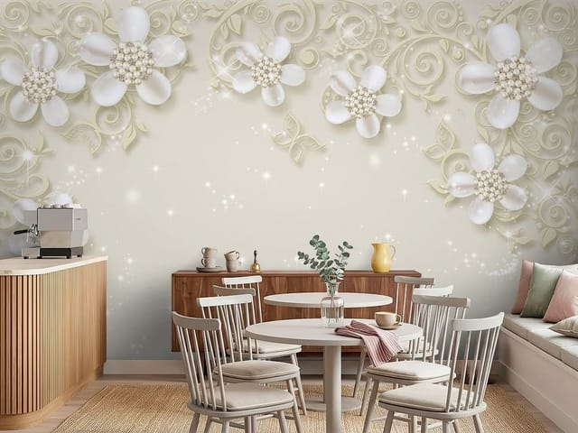 Fototapeta 3D kwiaty – dekoracyjne kwiaty z perłowymi płatkami