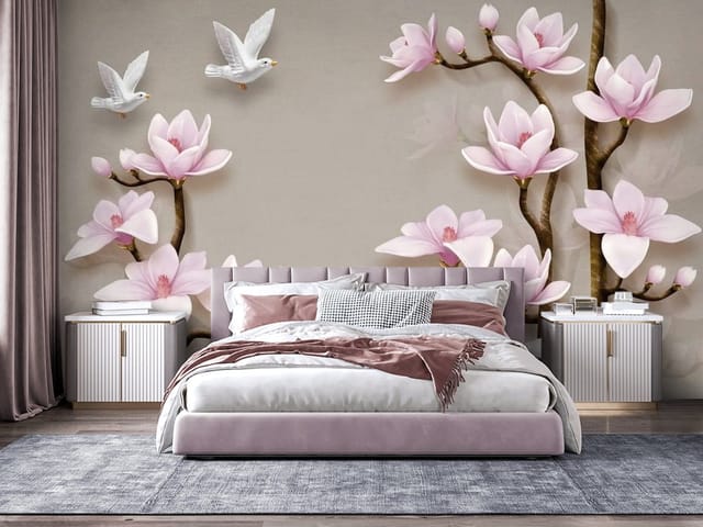 Fototapeta Magnolie – gałązki z kwiatami magnolii o delikatnych różowych płatkach