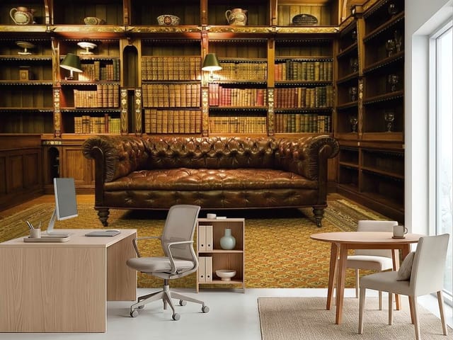 Fototapeta regały z książkami – skórzana kanapa w bibliotece