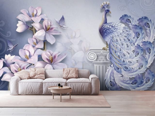 Fototapeta Paw na kolumnie z magnoliami (mpn: FT-6910) Fototapeta 3D kwiaty – paw na kolumnie z kwiatami