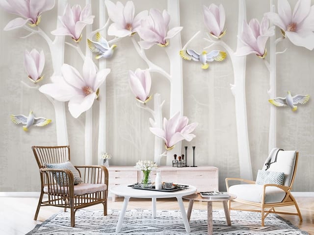 Fototapeta Magnolie na białych gałęziach (mpn: FT-6916) Fototapeta 3D kwiaty – delikatne różowe kwiaty magnolii na białych gałęziach