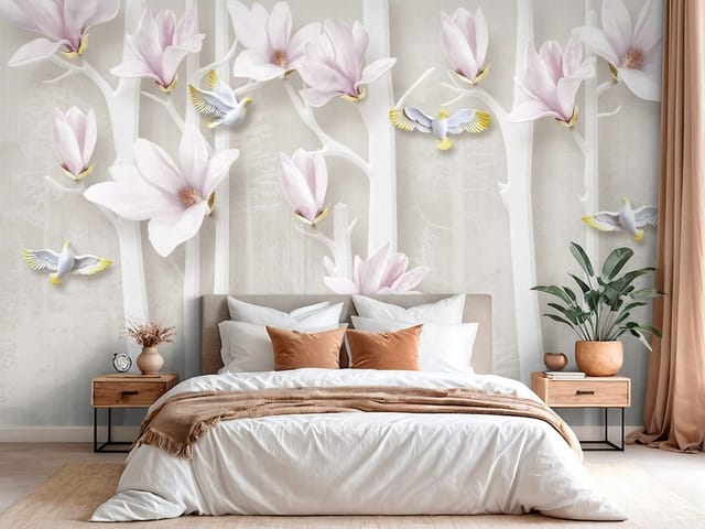 Fototapeta Magnolie na białych gałęziach (mpn: FT-6916) Fototapeta 3D kwiaty – delikatne różowe kwiaty magnolii na białych gałęziach