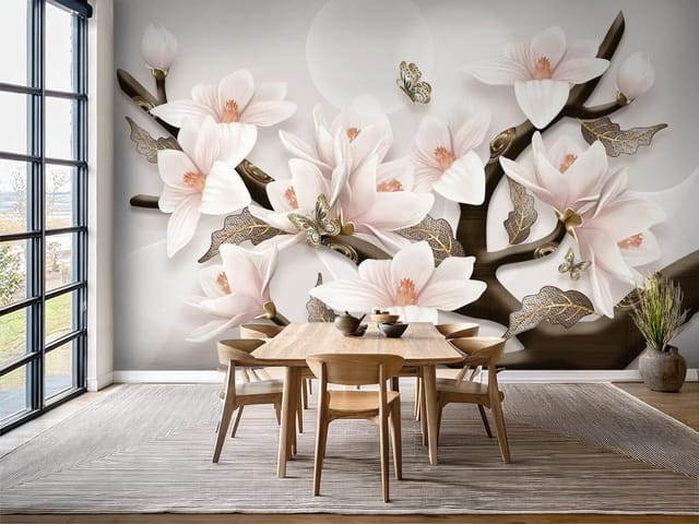 Fototapeta Magnolie na gałęziach (mpn: FT-6924) Fototapeta Magnolie – duże białe kwiaty magnolii na ciemnych gałęziach